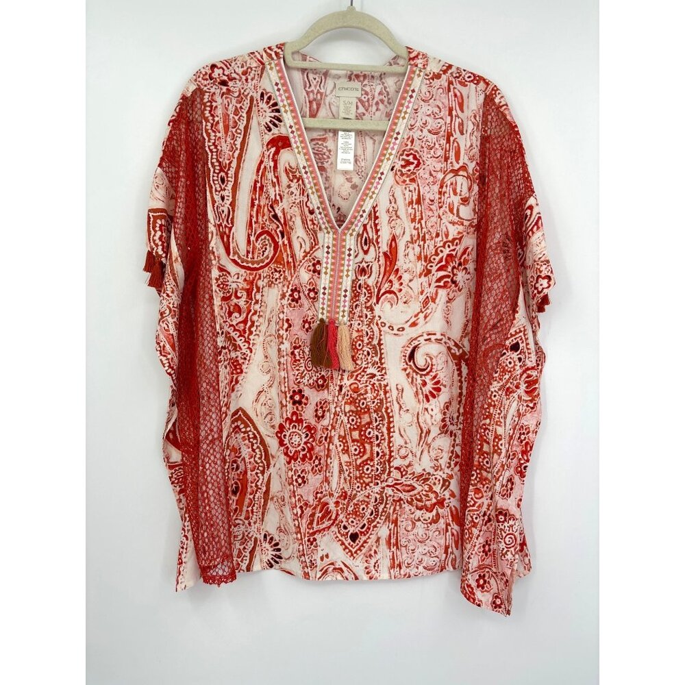 Chico's V-Neck Boho Poncho Tassel Lace Paisley Print Orange Top Small/Medium